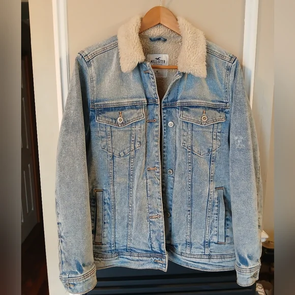 Hollister Faux Shearling Lined Denim Trucker Jacket Women's Medium - Picture 3 of 10